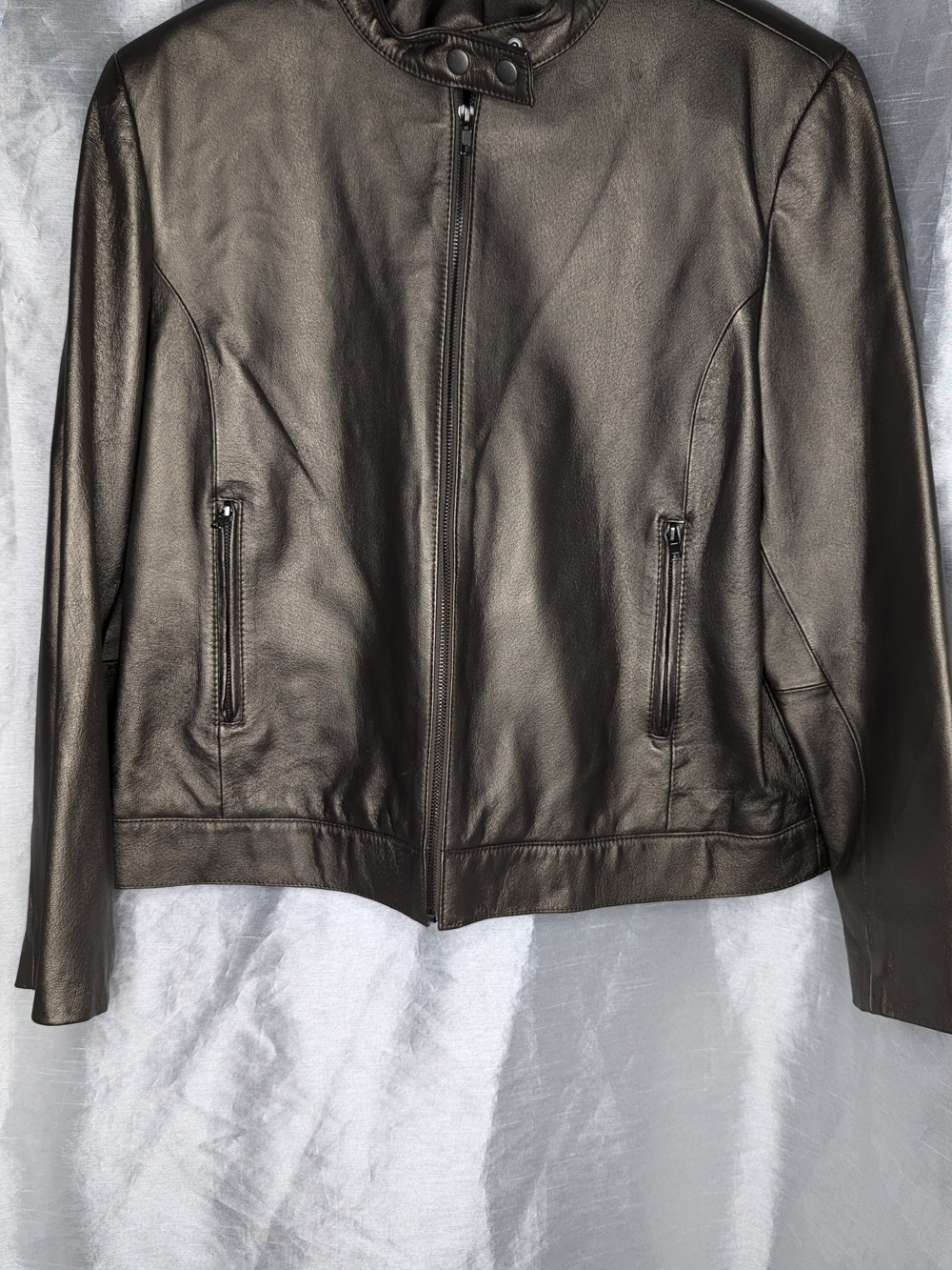 Terry Lewis Brown/Coper Leather Jacket Full Zip Snap Band Collar L